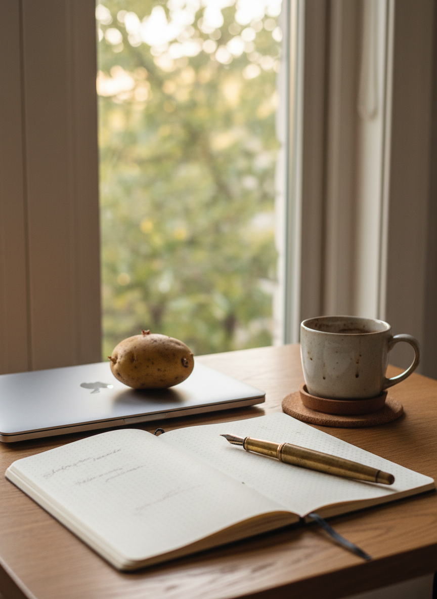 A small wooden writing desk with a slightly scuffed oak surface, neatly arranged with an open dotted notebook, a chunky brass fountain pen, and a plain, unbranded laptop closed beside a single, slightly dusty potato used as a whimsical paperweight. The desk sits near a narrow window overlooking blurred greenery, with soft morning light washing across the scene and catching the gentle texture of the paper. A ceramic mug with faint tea stains on the rim rests on a cork coaster. Photographic realism, warm and inviting, shot at eye level with a shallow depth of field, the foreground in crisp focus and the background gently blurred, creating a calm, quietly productive mood with a hint of hobbit-like humor.